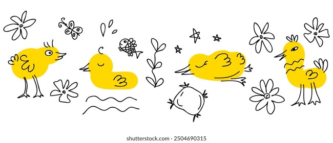 Hand drawn banner with cute doodle birds doodle. Animal flat vector characters set. Perfect print for tee, cup, mug, sticker.


