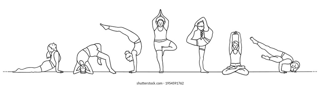 Hand drawn banner of diverse young women practicing various yoga asanas