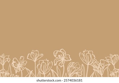 Hand drawn banner with field of blooms flowers for text. Vector illustration with sketch of tulips glade. Floral romantic border with line silhouettes of florets in trends colour for card, media