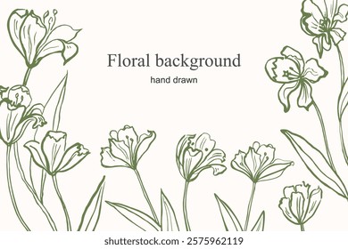 Hand drawn banner with field of blooms flowers for text. Vector background with sketch of tulips glade. Floral romantic border with line silhouettes of florets for card, media, poster, invitation