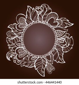 Hand drawn banner with frame for your text. Vintage grunge greeting card with flowers and hearts. Vector illustration.