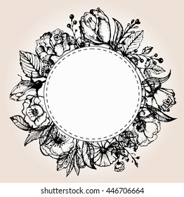 Hand drawn banner with frame for your text. Vintage grunge greeting card with flowers and leaves. Vector illustration.