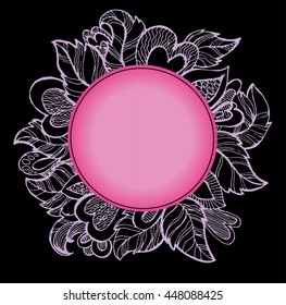 Hand drawn banner with frame for your text. Vintage grunge greeting card with flowers and leaves. Vector illustration.