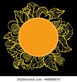 Hand drawn banner with frame for your text. Vintage grunge greeting card with flowers and leaves. Vector illustration.