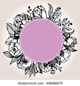 Hand drawn banner with frame for your text. Vintage grunge greeting card with flowers and leaves. Vector illustration.