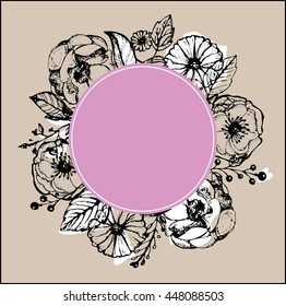 Hand drawn banner with frame for your text. Vintage grunge greeting card with flowers and leaves. Vector illustration.