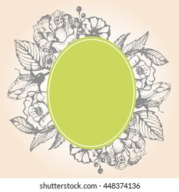Hand drawn banner with frame for your text. Vintage grunge greeting card with flowers and leaves. Vector illustration.
