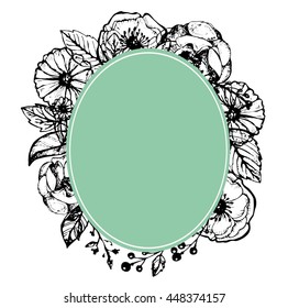 Hand drawn banner with frame for your text. Vintage grunge greeting card with flowers and leaves. Vector illustration.