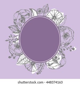 Hand drawn banner with frame for your text. Vintage grunge greeting card with flowers and leaves. Vector illustration.