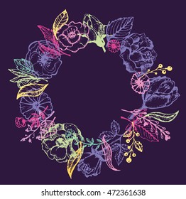 Hand drawn banner with frame for your text. Vintage grunge greeting card with flowers and leaves. Vector illustration.