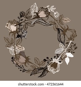 Hand drawn banner with frame for your text. Vintage grunge greeting card with flowers and leaves. Vector illustration.
