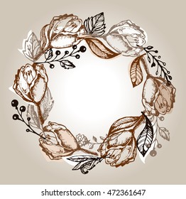 Hand drawn banner with frame for your text. Vintage grunge greeting card with flowers and leaves. Vector illustration.