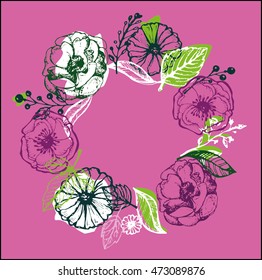 Hand drawn banner with frame for your text. Vintage grunge greeting card with flowers and leaves. Vector illustration.