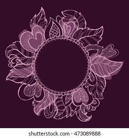 Hand drawn banner with frame for your text. Vintage grunge greeting card with flowers and leaves. Vector illustration.