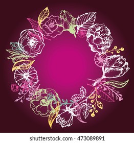 Hand drawn banner with frame for your text. Vintage grunge greeting card with flowers and leaves. Vector illustration.