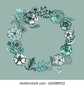 Hand drawn banner with frame for your text. Vintage grunge greeting card with flowers and leaves. Vector illustration.