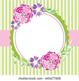 Hand drawn banner with frame for your text. Vintage grunge greeting card with flowers and leaves. Vector illustration.