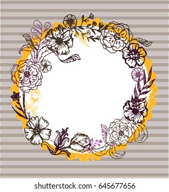 Hand drawn banner with frame for your text. Vintage grunge greeting card with flowers and leaves. Vector illustration.