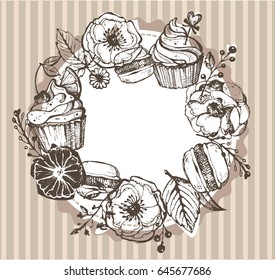 Hand drawn banner with frame for your text. Vintage grunge greeting card with flowers and leaves. Vector illustration.