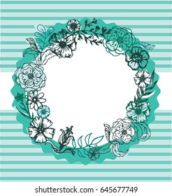 Hand drawn banner with frame for your text. Vintage grunge greeting card with flowers and leaves. Vector illustration.
