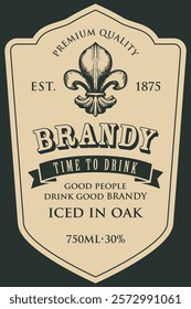 Hand drawn banner or label for Brandy with coat of arms on old paper background. Vector heraldic coat of arms in vintage style