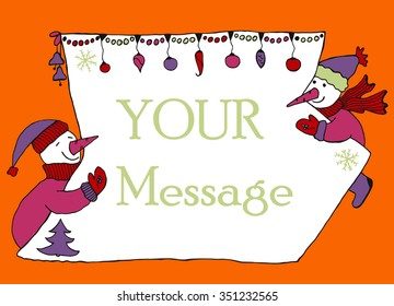 Hand drawn banner for message with two snowmen holding sheet of paper with christmas decoration. Doodle for winter holidays.