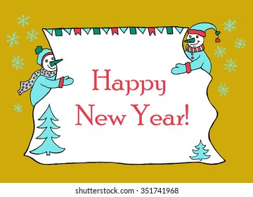 Hand drawn banner for message with two snowmen holding sheet of paper with christmas decoration. Doodle for winter holidays.