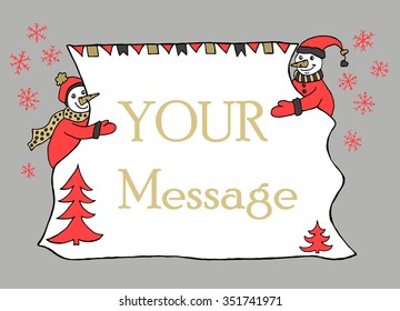 Hand drawn banner for message with two snowmen holding sheet of paper with christmas decoration. Doodle for winter holidays.