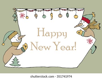 Hand drawn banner for message with two snowmen holding sheet of paper with christmas decoration. Doodle for winter holidays.