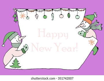 Hand drawn banner for message with two snowmen holding sheet of paper with christmas decoration. Doodle for winter holidays.