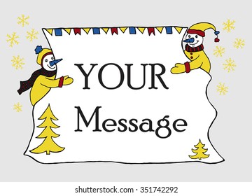 Hand drawn banner for message with two snowmen holding sheet of paper with christmas decoration. Doodle for winter holidays.