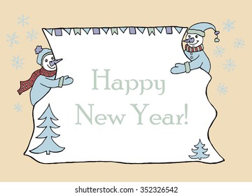 Hand drawn banner for message with two snowmen holding sheet of paper with christmas decoration. Doodle for winter holidays.
