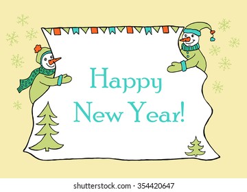 Hand drawn banner for message with two snowmen holding sheet of paper with Christmas decoration. Doodle for winter holidays.