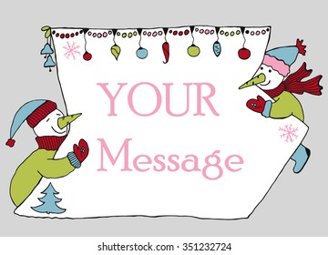 Hand drawn banner for messahe with two snowmen holding sheet of paper with christmas decoration. Doodle for winter holidays.