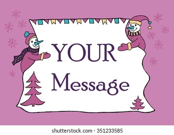 Hand drawn banner for messahe with two snowmen holding sheet of paper with christmas decoration. Doodle for winter holidays.