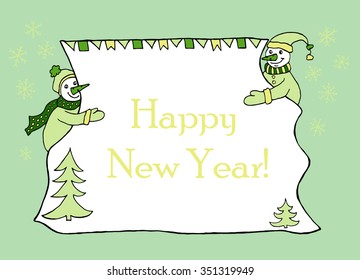 Hand drawn banner for messahe with two snowmen holding sheet of paper with christmas decoration. Doodle for winter holidays.