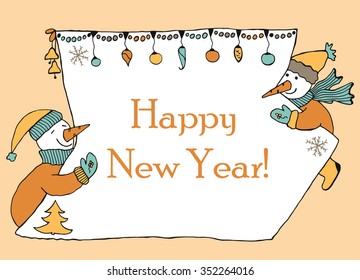 Hand drawn banner for messahe with two snowmen holding sheet of paper with christmas decoration. Doodle for winter holidays.