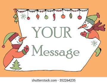 Hand drawn banner for messahe with two snowmen holding sheet of paper with christmas decoration. Doodle for winter holidays.