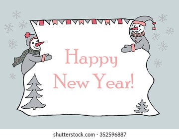 Hand drawn banner for messahe with two snowmen holding sheet of paper with christmas decoration. Doodle for winter holidays.