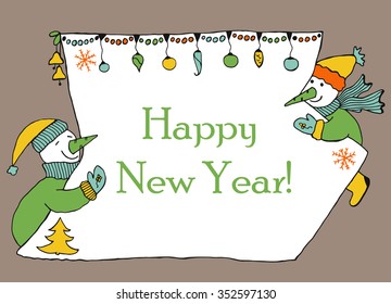 Hand drawn banner for messahe with two snowmen holding sheet of paper with christmas decoration. Doodle for winter holidays.