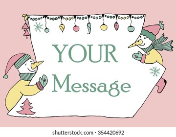 Hand drawn banner for messahe with two snowmen holding sheet of paper with christmas decoration. Doodle for winter holidays.