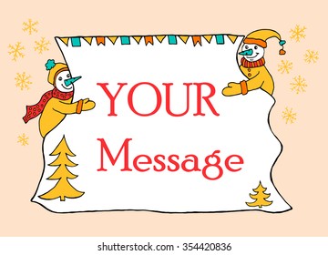 Hand drawn banner for messahe with two snowmen holding sheet of paper with christmas decoration. Doodle for winter holidays.