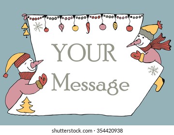 Hand drawn banner for messahe with two snowmen holding sheet of paper with christmas decoration. Doodle for winter holidays.