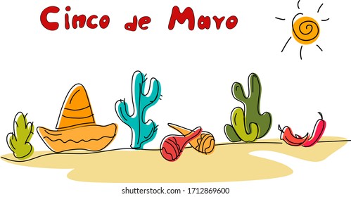 Hand drawn banner of mexican symbols -  sombrero, music instruments. chili , cacti  elements made in vector. Travel to Mexico icons for cards and web pages. Cinco de Mayo poster in horizontal stripe c