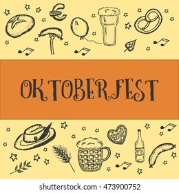 Hand drawn banner for Oktoberfest in Germany decorated with pretzel, bread, sausage, mug with beer, leaves,hat, bottle, stars. Vector Illustration