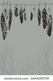 Hand drawn banner on the theme of magic and witchcraft with bird feathers and dreamcatcher in folk style. Yoga studio, meditation, retreat, t-shirt design. No ai used.