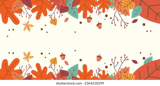 Hand drawn banner pattern with autumn leaves in retro color template. Vector illustration.	