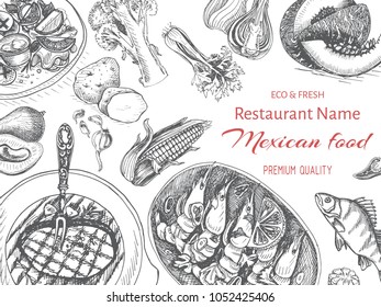 Hand drawn banner for restaurant menu. Vector illustration sketch - Mexican food. 
