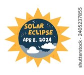 Hand drawn banner solar eclipse 8 april 2024. Vector design with sun, sky and stars.