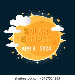 Hand drawn banner solar eclipse 8 april 2024. Vector gradient design with sun and stars.